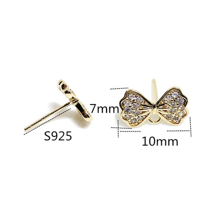 10PCS 14K Gold Filled 925 Sterling Silver Earring Studs Bow Tie Zircon Rhinestone With Loop Earring Posts Blank For Jewelry Supplies Earrings Studs Doki Decor   