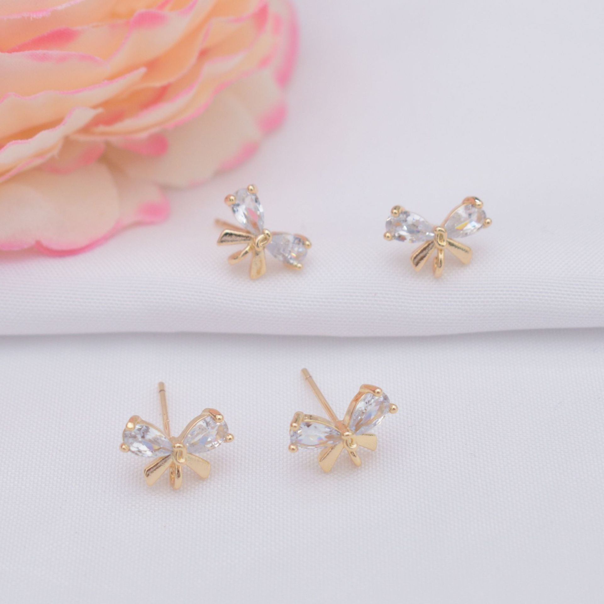 10PCS 14K Gold Filled S925 Earring Studs Bow Tie Butterfly Zircon Rhinestone With Loop White Gold Earring Posts Blank For Jewelry Supplies Earrings Studs Doki Decor   