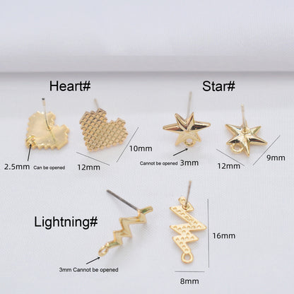 10PCS 14K Gold Filled Earring Studs Heart Star Lightning With Loop Earring Posts Blank For Jewelry Supplies Earrings Studs Doki Decor   