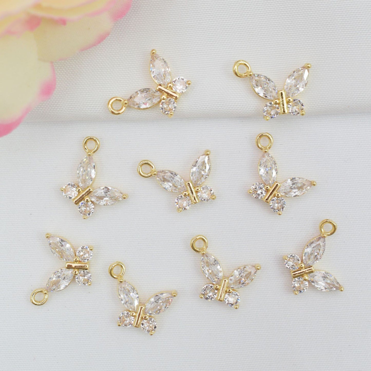 10PCS 14K Gold Filled Pendants Butterfly Rhinestone With Loop White Gold Charms Jewelry Making Findings Supplies Pendants Doki Decor   