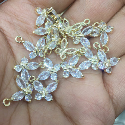 10PCS 14K Gold Filled Pendants Butterfly Rhinestone With Loop White Gold Charms Jewelry Making Findings Supplies Pendants Doki Decor   