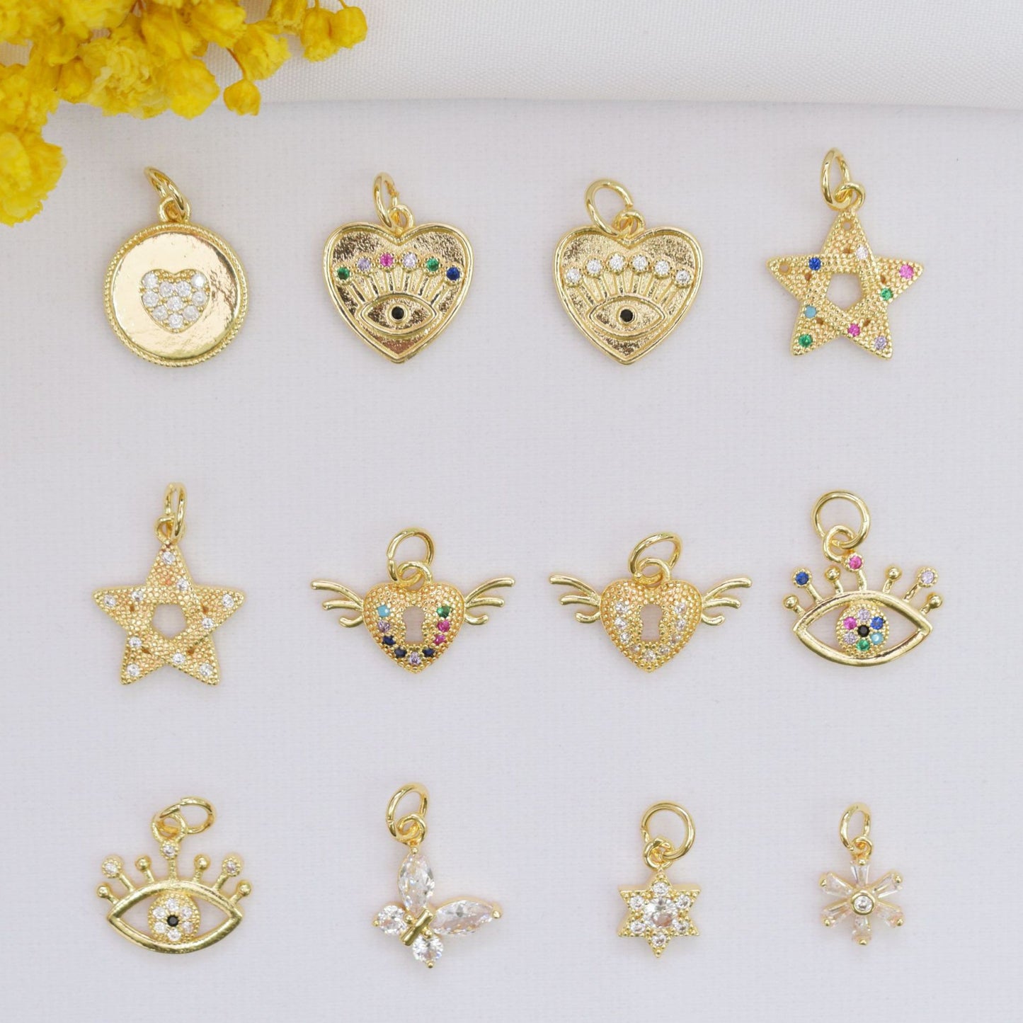 10PCS 14K Gold Filled Pendants Heart Star Snowflake Eyes Butterfly Rhinestone Charms Jewelry Making Findings Supplies Pendants Doki Decor   