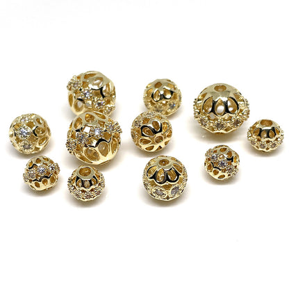 10PCS 14K Gold Filled Spacer Beads Hollow Ball Rhinestone Large Hole Charm For Jewelry Making DIY Beads Doki Decor   