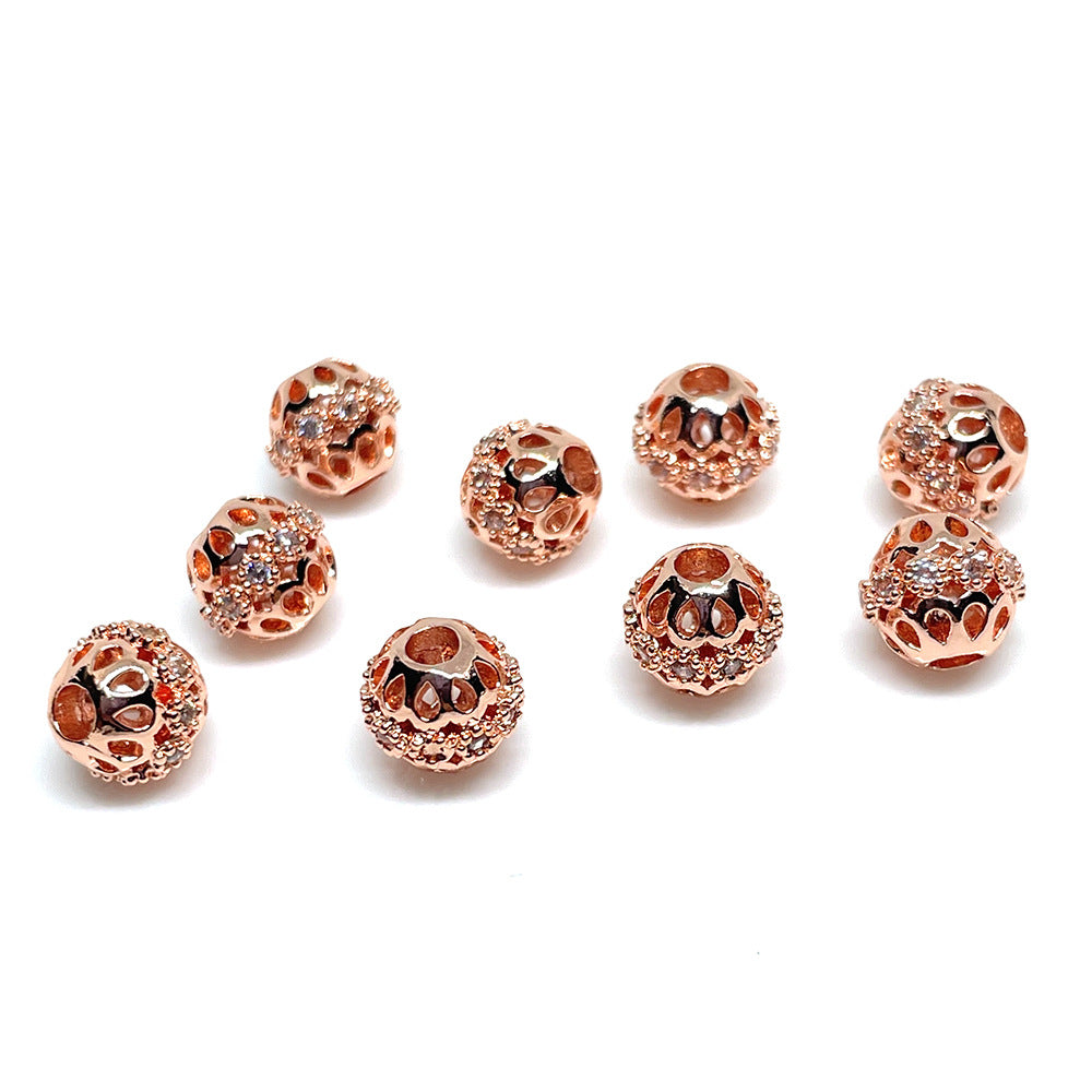 10PCS 14K Gold Filled Spacer Beads Hollow Ball Rhinestone Large Hole Charm For Jewelry Making DIY Beads Doki Decor Rose Gold  