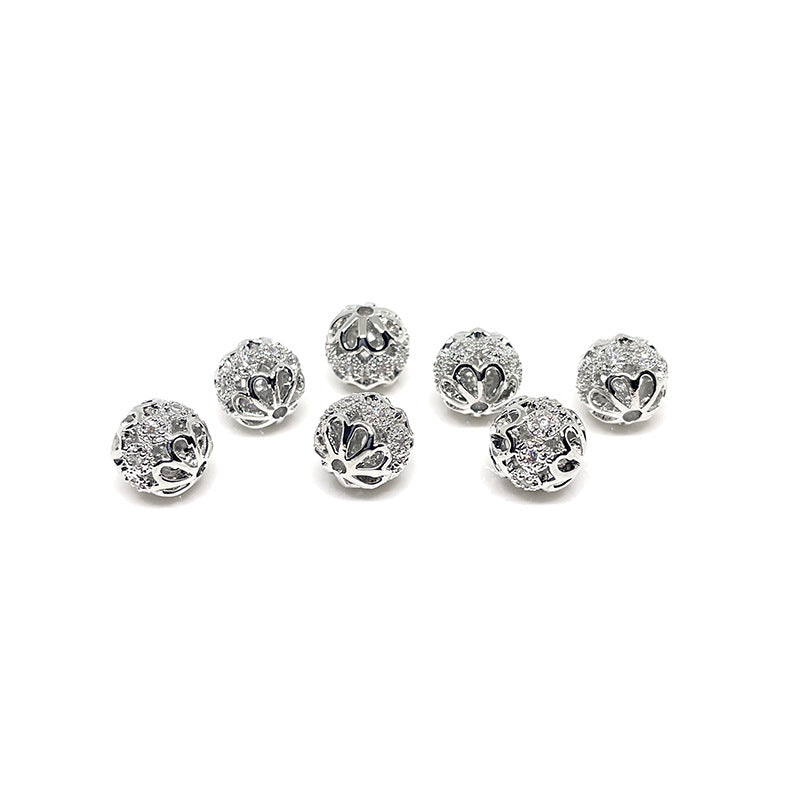 10PCS 14K Gold Filled Spacer Beads Hollow Ball Rhinestone Large Hole Charm For Jewelry Making DIY Beads Doki Decor White Gold  