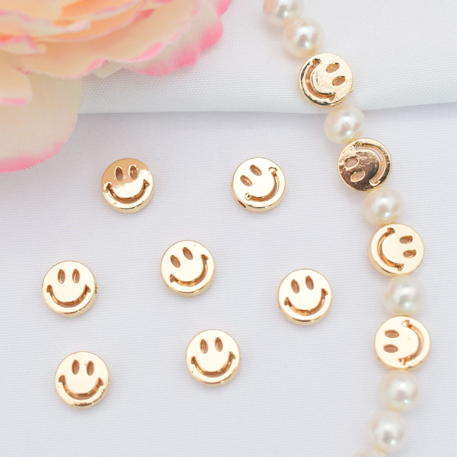 50PCS 14K Gold Filled Spacer Beads Smile Face Circle Hollow Silver White Gold Charm For Jewelry Making DIY Beads Doki Decor   