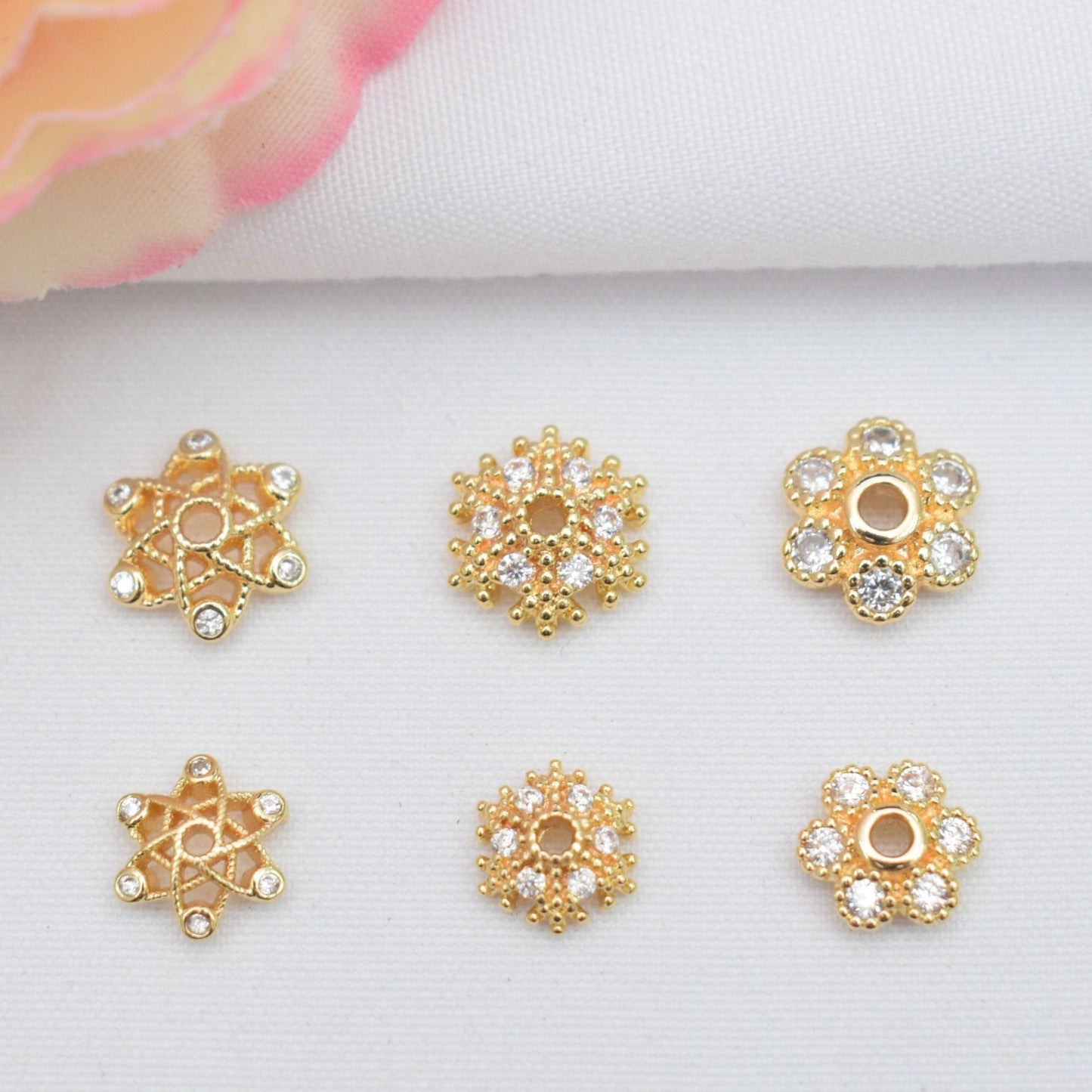 10PCS 14K Gold Filled Spacer Beads Snowflake Flower Hollow Rhinestone Flat Large Hole Rose Gold Silver Charm For Jewelry Making DIY Beads Doki Decor   