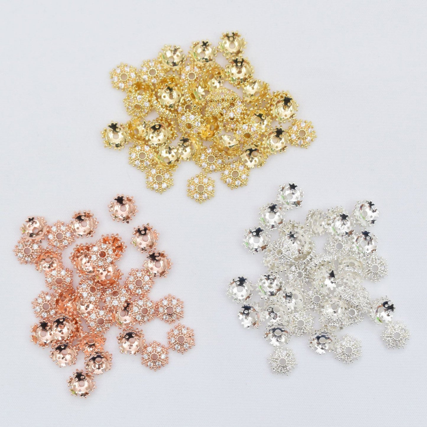 10PCS 14K Gold Filled Spacer Beads Snowflake Flower Hollow Rhinestone Flat Large Hole Rose Gold Silver Charm For Jewelry Making DIY Beads Doki Decor   