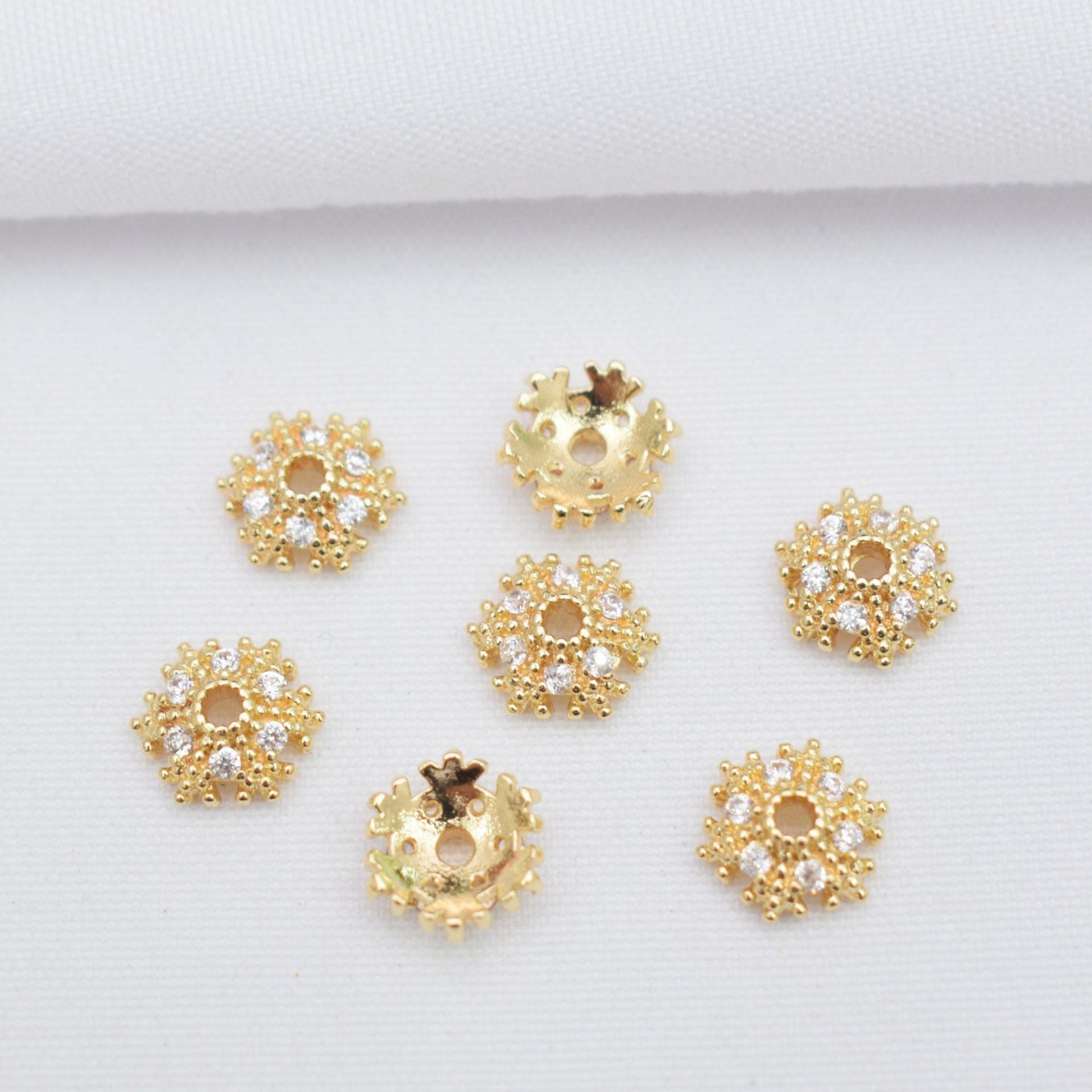 10PCS 14K Gold Filled Spacer Beads Snowflake Flower Hollow Rhinestone Flat Large Hole Rose Gold Silver Charm For Jewelry Making DIY Beads Doki Decor   