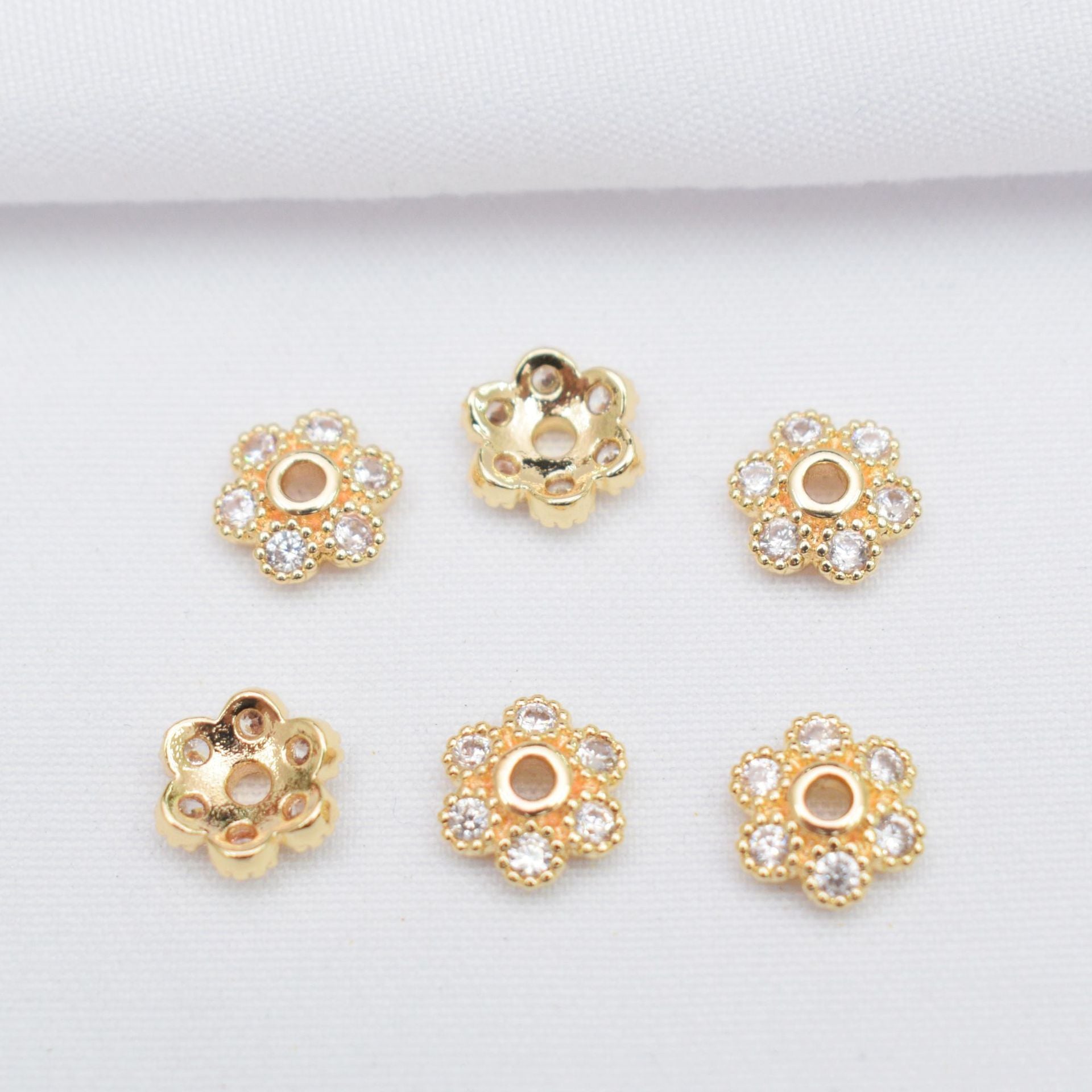 10PCS 14K Gold Filled Spacer Beads Snowflake Flower Hollow Rhinestone Flat Large Hole Rose Gold Silver Charm For Jewelry Making DIY Beads Doki Decor   