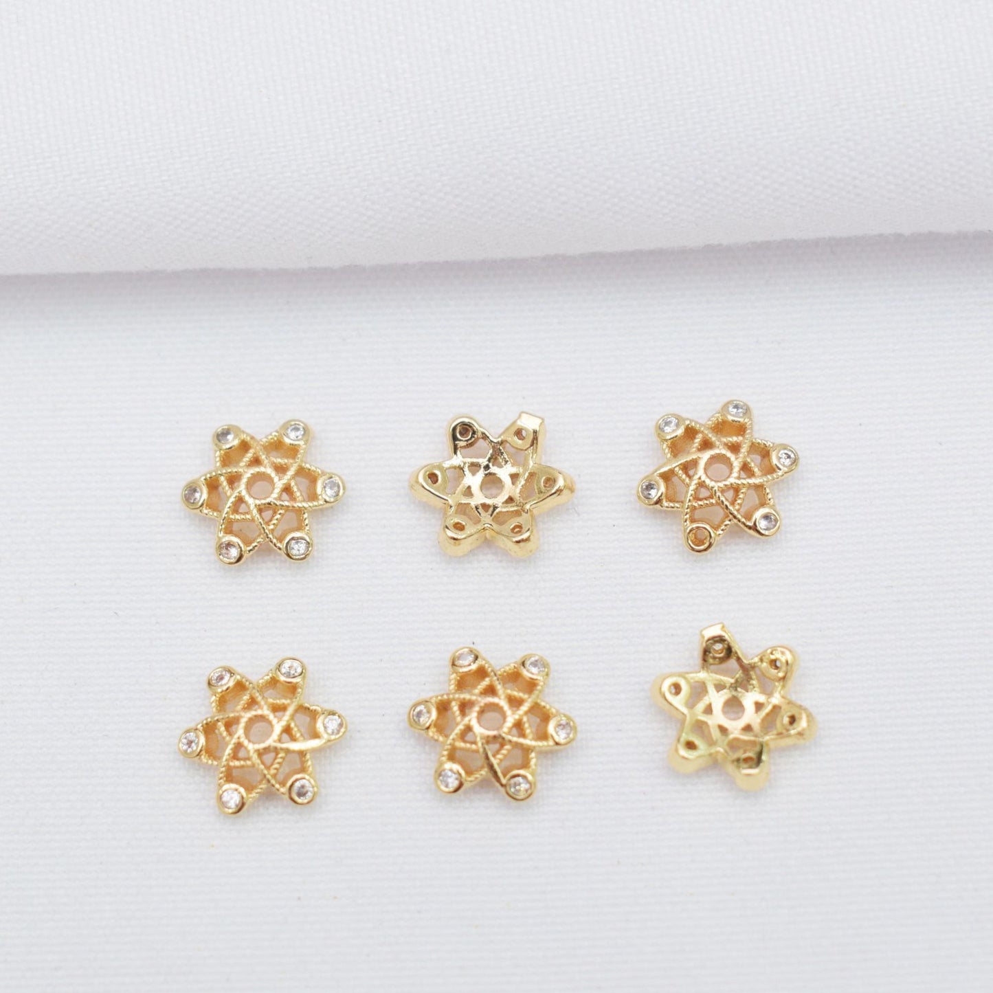 10PCS 14K Gold Filled Spacer Beads Snowflake Flower Hollow Rhinestone Flat Large Hole Rose Gold Silver Charm For Jewelry Making DIY Beads Doki Decor   