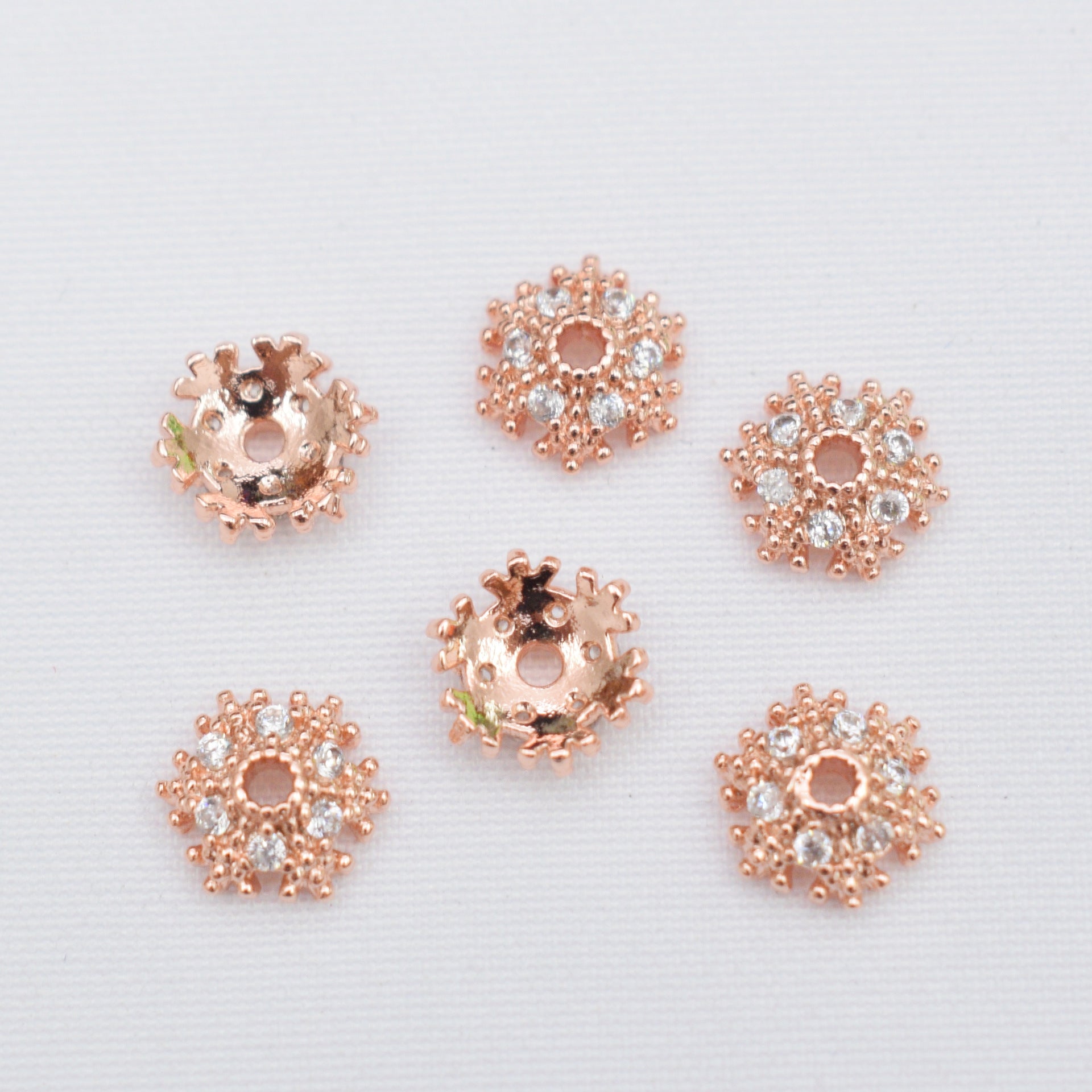 10PCS 14K Gold Filled Spacer Beads Snowflake Flower Hollow Rhinestone Flat Large Hole Rose Gold Silver Charm For Jewelry Making DIY Beads Doki Decor   