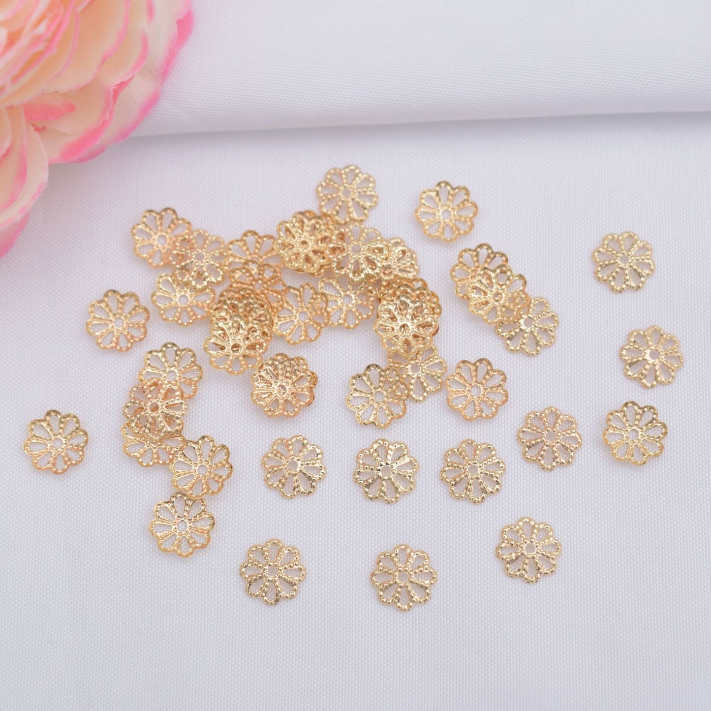 100PCS 18K Gold Filled Spacer Beads Tray Flower Hollow Bowl Flat Rose Gold Silver Large Hole For Jewelry Making DIY Beads Doki Decor   