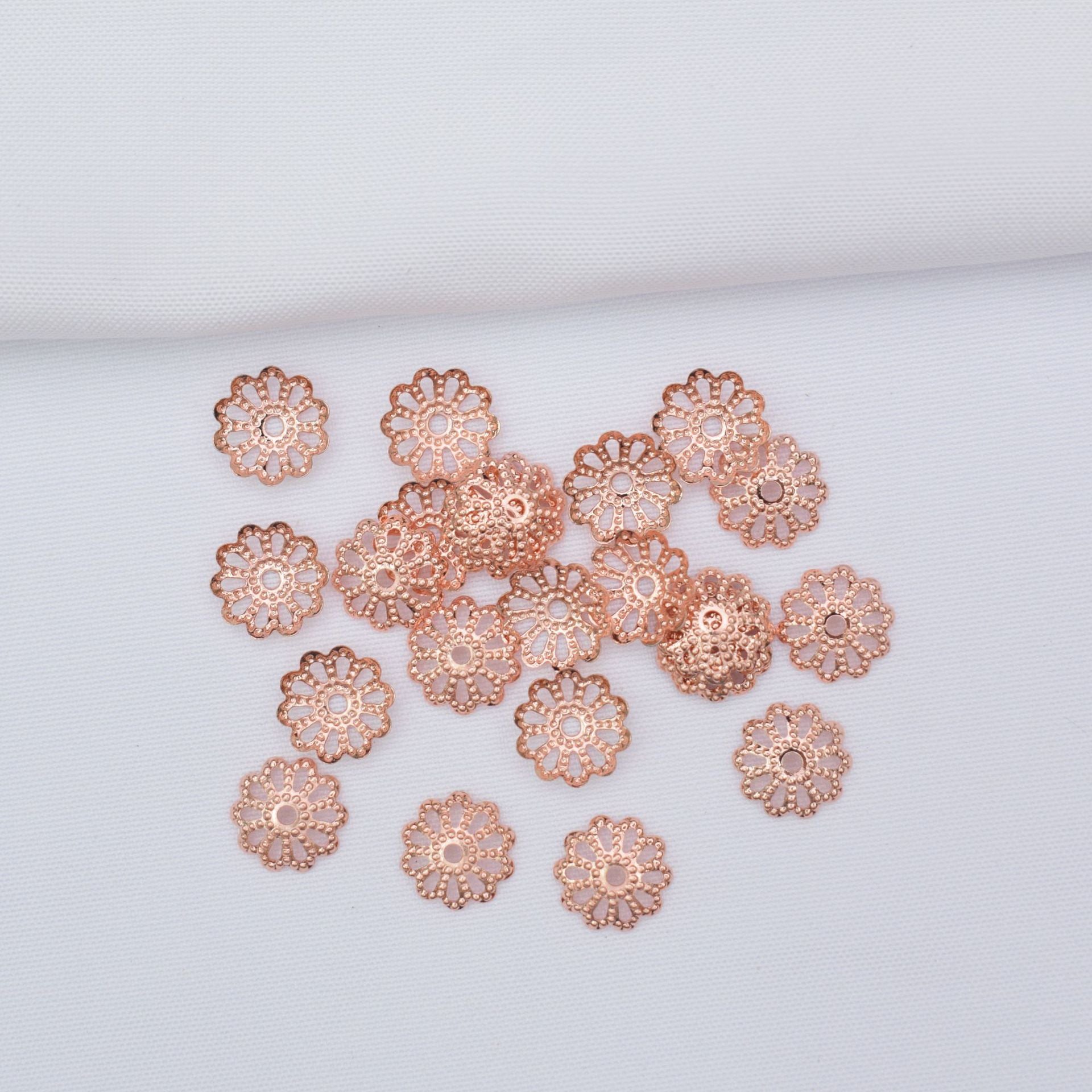 100PCS 18K Gold Filled Spacer Beads Tray Flower Hollow Bowl Flat Rose Gold Silver Large Hole For Jewelry Making DIY Beads Doki Decor   