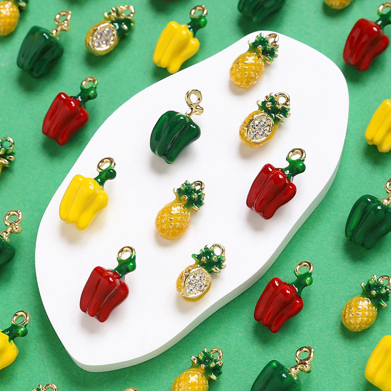 5PCS 18K Gold Filled Pendants Bell Pepper Pineapple Rhinestone Fruits Jewelry Making Findings Supplies Pendants Doki Decor   