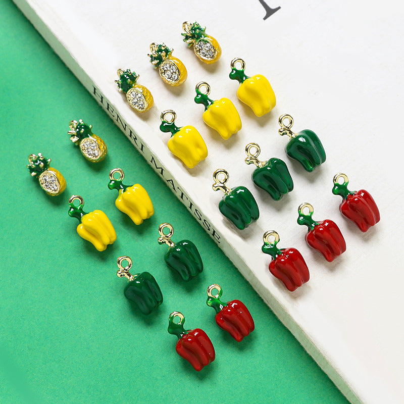 5PCS 18K Gold Filled Pendants Bell Pepper Pineapple Rhinestone Fruits Jewelry Making Findings Supplies Pendants Doki Decor   