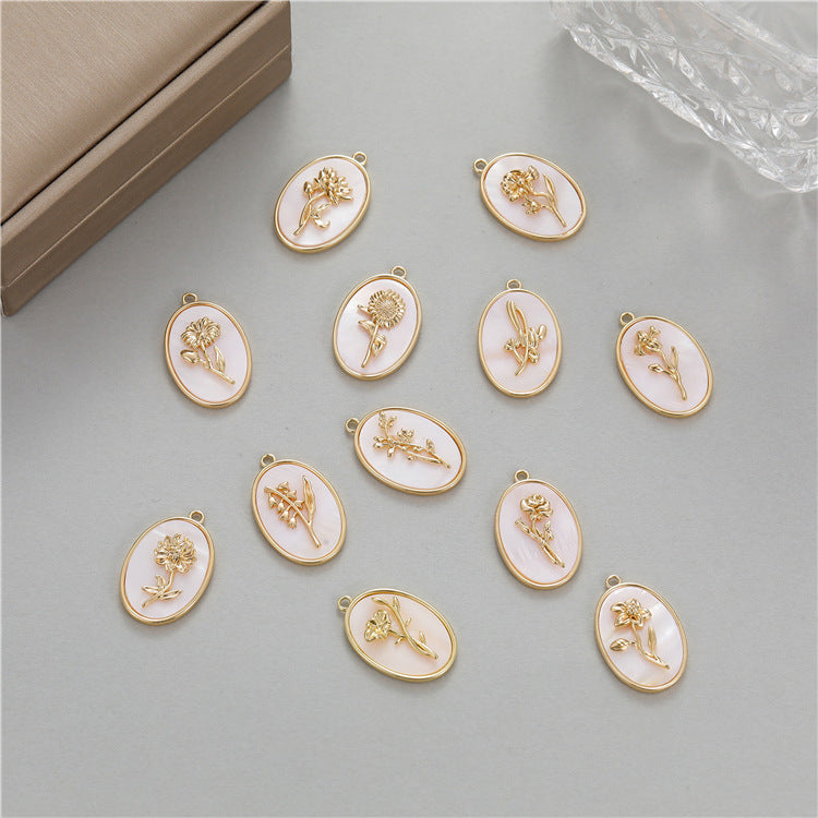 18K Gold Filled Pendants Birth Flowers Months Natural Shell Oval Charms Jewelry Making Findings Supplies Pendants Doki Decor   