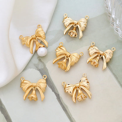 5PCS 18K Gold Filled Pendants Bow Tie Beads Pearls Tray Needle Placer Gold Double Loops Charms Jewelry Making Findings Supplies Pendants Doki Decor   