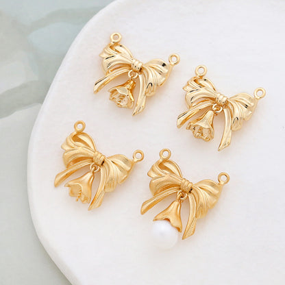 5PCS 18K Gold Filled Pendants Bow Tie Beads Pearls Tray Needle Placer Gold Double Loops Charms Jewelry Making Findings Supplies Pendants Doki Decor   