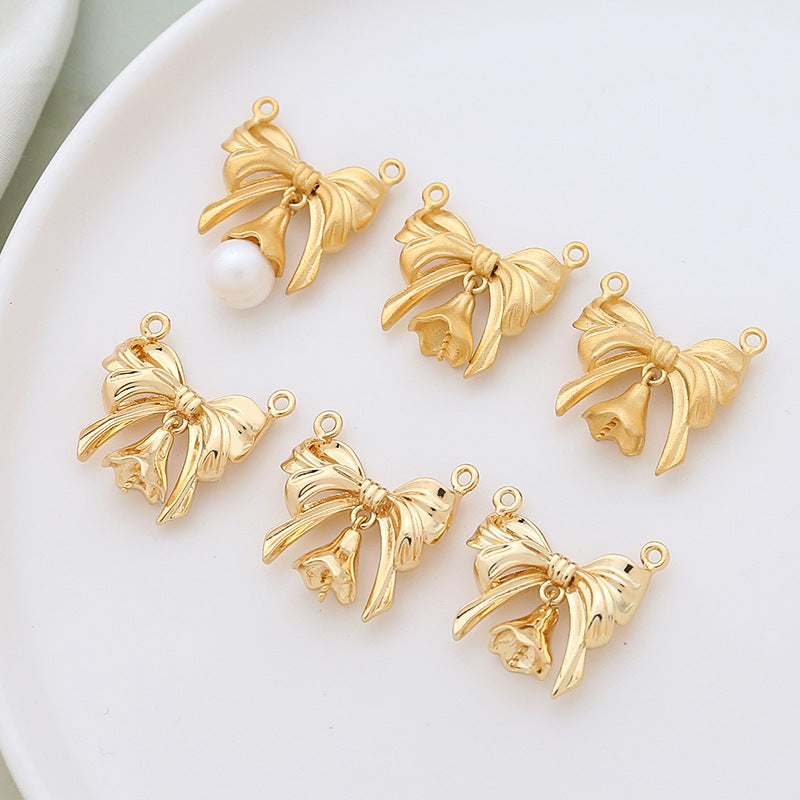 5PCS 18K Gold Filled Pendants Bow Tie Beads Pearls Tray Needle Placer Gold Double Loops Charms Jewelry Making Findings Supplies Pendants Doki Decor   