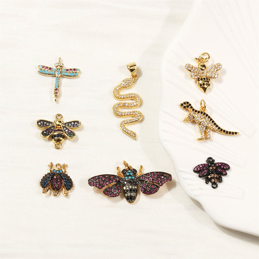 18K Gold Filled Pendants Butterfly Dragonfly Bee Insect Dinosaur Snake Rhinestone Charms Jewelry Making Findings Supplies Pendants Doki Decor   