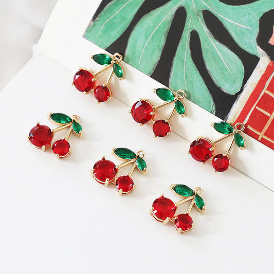 10PCS 18K Gold Filled Pendants Cherry Leaves Fruits Red Green Rhinestone Charms Jewelry Making Findings Supplies Pendants Doki Decor   