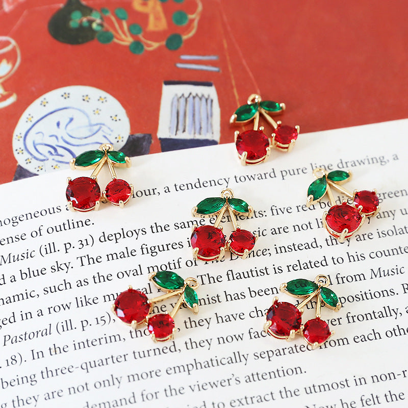 10PCS 18K Gold Filled Pendants Cherry Leaves Fruits Red Green Rhinestone Charms Jewelry Making Findings Supplies Pendants Doki Decor   