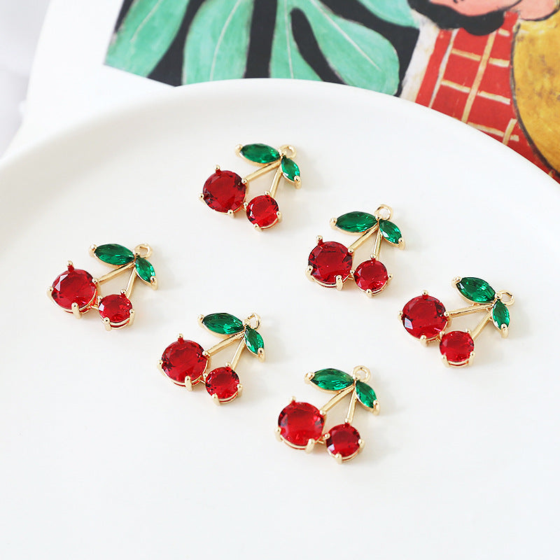 10PCS 18K Gold Filled Pendants Cherry Leaves Fruits Red Green Rhinestone Charms Jewelry Making Findings Supplies Pendants Doki Decor   