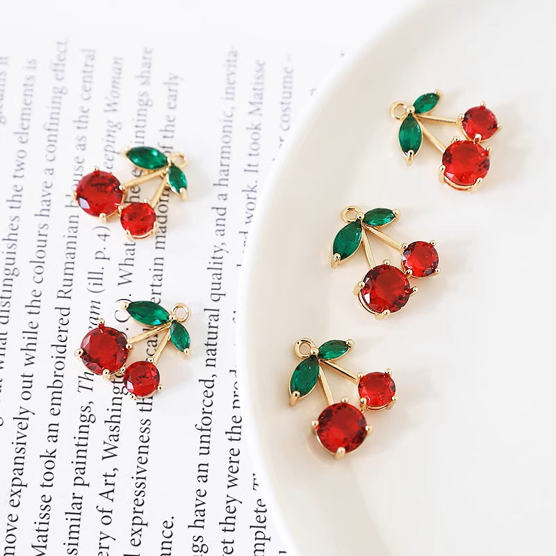 10PCS 18K Gold Filled Pendants Cherry Leaves Fruits Red Green Rhinestone Charms Jewelry Making Findings Supplies Pendants Doki Decor   