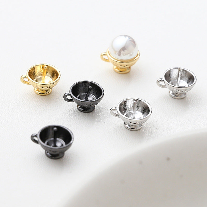 5PCS 18K Gold Filled Pendants Coffee Cup Beads Pearls Tray Needle Rhinestone Black White Gold Noble Jewelry Making Findings Supplies Pendants Doki Decor   