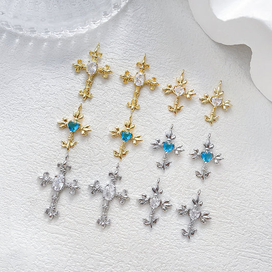 5PCS 18K Gold Filled Pendants Cross Heart Blue Rhinestone Charms Jewelry Making Findings Supplies Pendants Doki Decor   