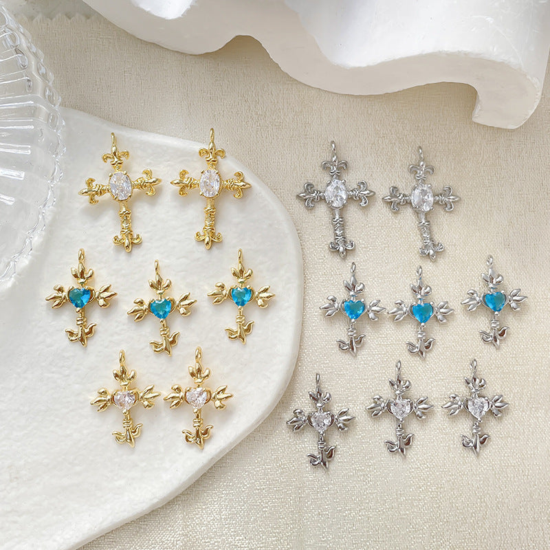 5PCS 18K Gold Filled Pendants Cross Heart Blue Rhinestone Charms Jewelry Making Findings Supplies Pendants Doki Decor   