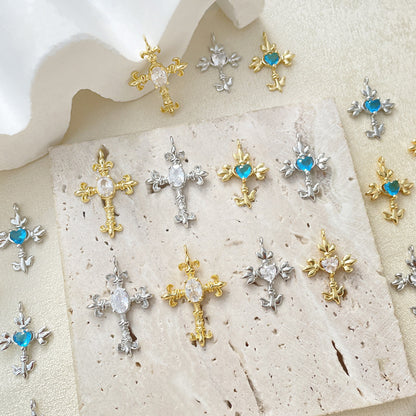 5PCS 18K Gold Filled Pendants Cross Heart Blue Rhinestone Charms Jewelry Making Findings Supplies Pendants Doki Decor   