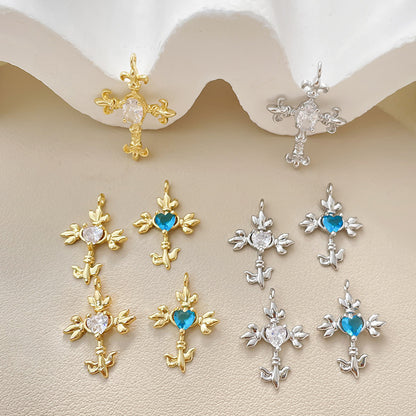 5PCS 18K Gold Filled Pendants Cross Heart Blue Rhinestone Charms Jewelry Making Findings Supplies Pendants Doki Decor   