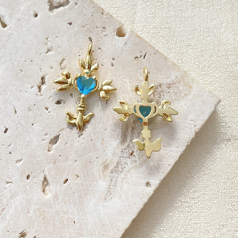 5PCS 18K Gold Filled Pendants Cross Heart Blue Rhinestone Charms Jewelry Making Findings Supplies Pendants Doki Decor Blue Rhinestone S 18K Gold