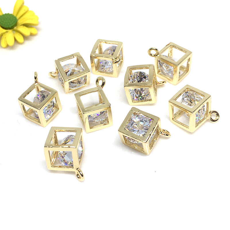 10PCS 18K Gold Filled Pendants Square Cube Hollow Rhinestone Bracelet Necklace Jewelry Making Findings Pendants Doki Decor   