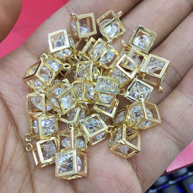 10PCS 18K Gold Filled Pendants Square Cube Hollow Rhinestone Bracelet Necklace Jewelry Making Findings Pendants Doki Decor 14K Gold  