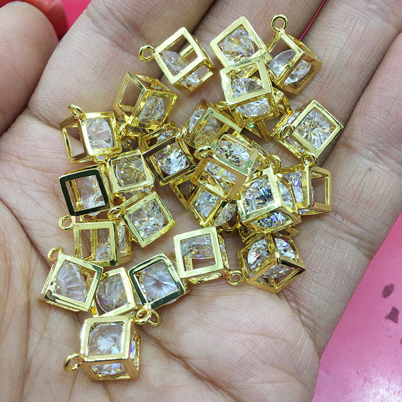 10PCS 18K Gold Filled Pendants Square Cube Hollow Rhinestone Bracelet Necklace Jewelry Making Findings Pendants Doki Decor 18K Gold  