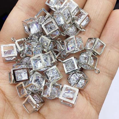 10PCS 18K Gold Filled Pendants Square Cube Hollow Rhinestone Bracelet Necklace Jewelry Making Findings Pendants Doki Decor White Gold  