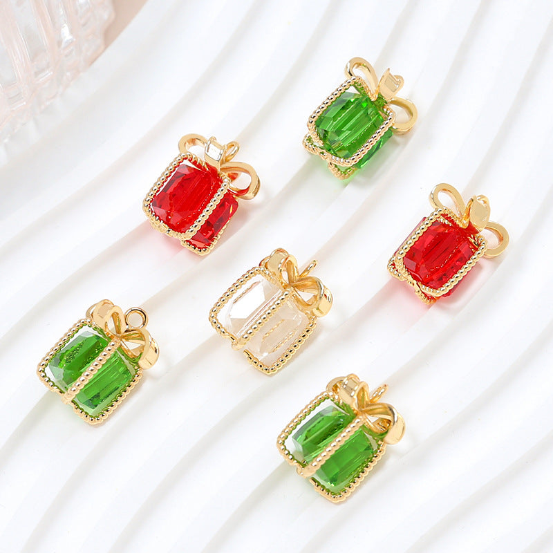 5PCS 18K Gold Filled Pendants Gift Box Cube Bow Tie Twist Transparent Red Green Christmas Charms Jewelry Making Findings Supplies Pendants Doki Decor   