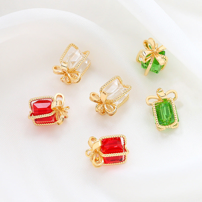 5PCS 18K Gold Filled Pendants Gift Box Cube Bow Tie Twist Transparent Red Green Christmas Charms Jewelry Making Findings Supplies Pendants Doki Decor   