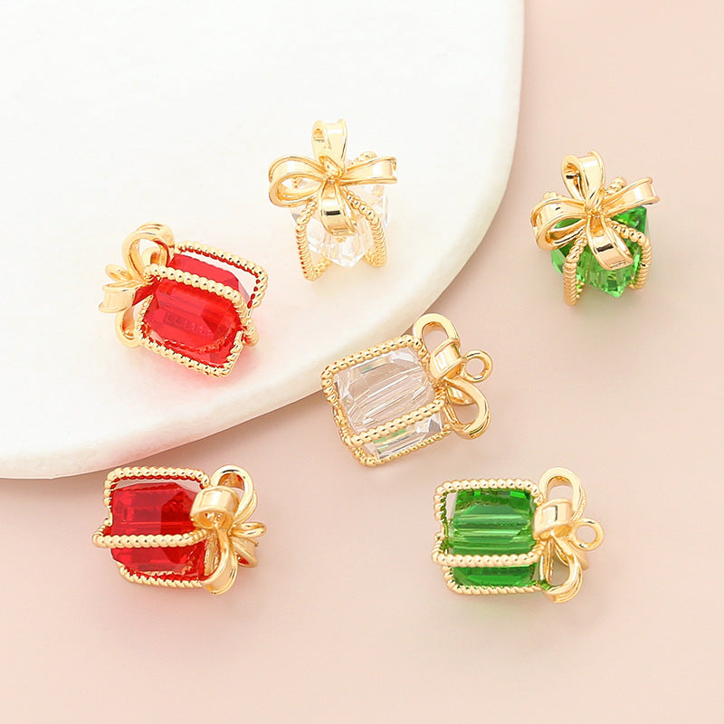 5PCS 18K Gold Filled Pendants Gift Box Cube Bow Tie Twist Transparent Red Green Christmas Charms Jewelry Making Findings Supplies Pendants Doki Decor   