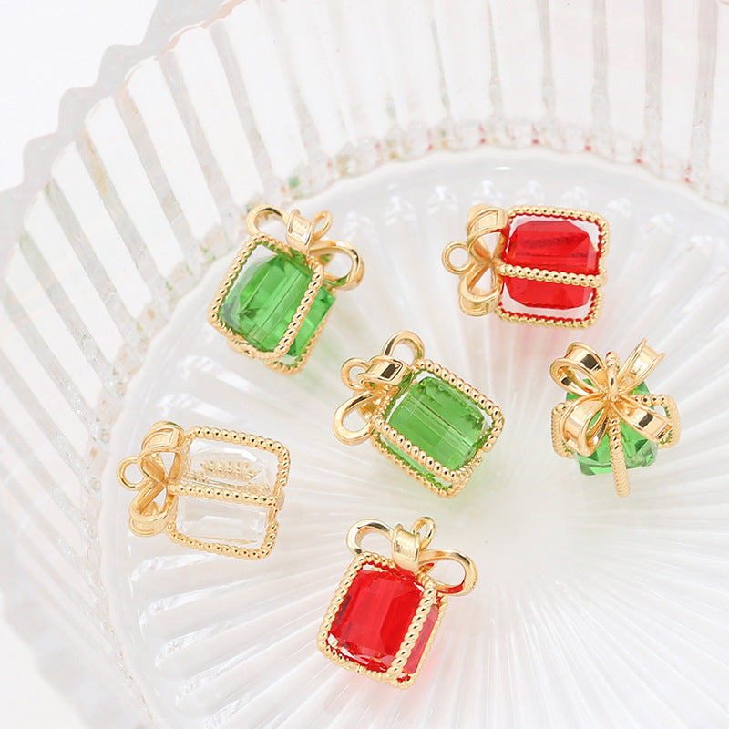 5PCS 18K Gold Filled Pendants Gift Box Cube Bow Tie Twist Transparent Red Green Christmas Charms Jewelry Making Findings Supplies Pendants Doki Decor   