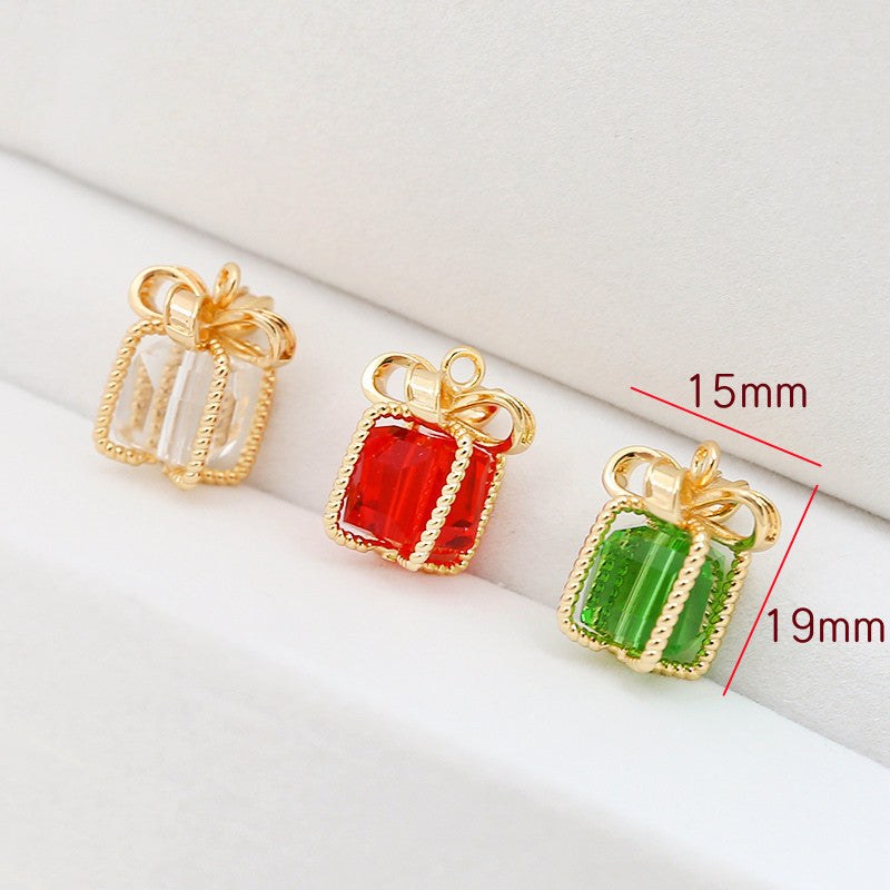 5PCS 18K Gold Filled Pendants Gift Box Cube Bow Tie Twist Transparent Red Green Christmas Charms Jewelry Making Findings Supplies Pendants Doki Decor   