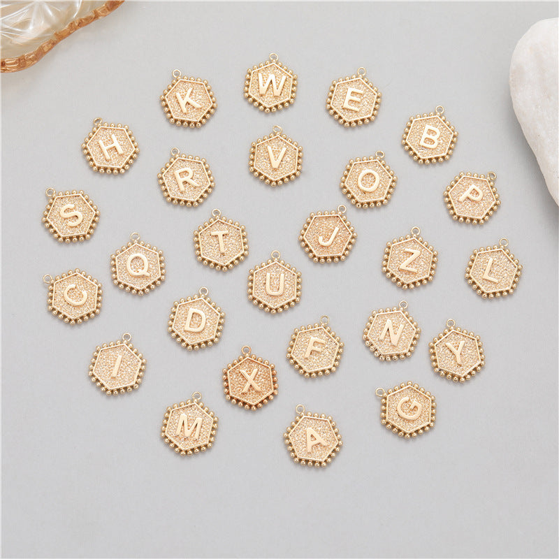 5PCS 18K Gold Filled Pendants Hexagonal Rivet Letters Initial Final Charms Jewelry Making Findings Supplies Pendants Doki Decor A  