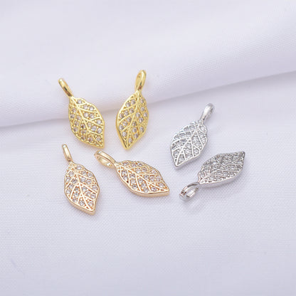 10PCS 18K Gold Filled Pendants Leaves Leaf Rhinestone White Gold Bracelet Necklace Jewelry Making Findings Pendants Doki Decor   