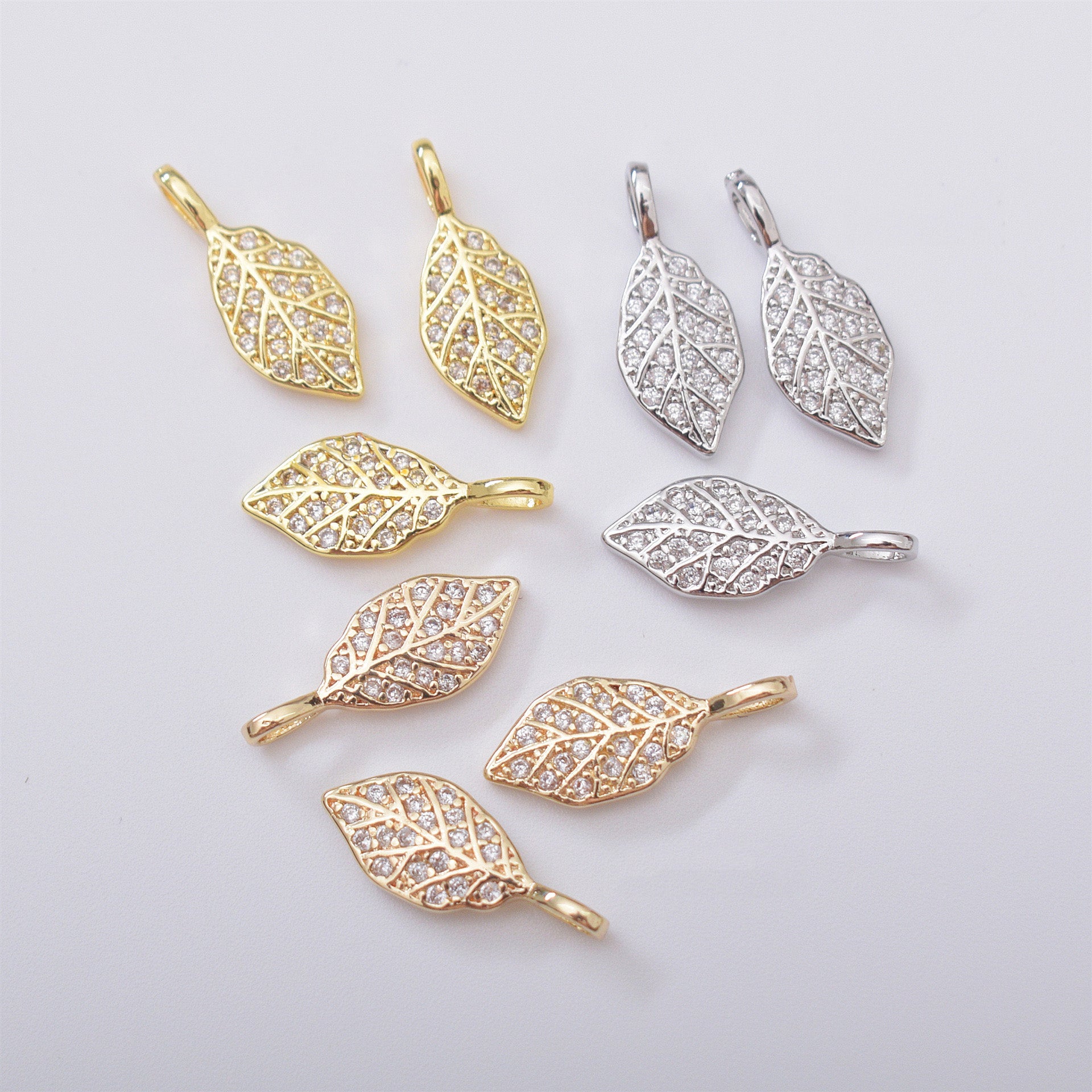 10PCS 18K Gold Filled Pendants Leaves Leaf Rhinestone White Gold Bracelet Necklace Jewelry Making Findings Pendants Doki Decor   