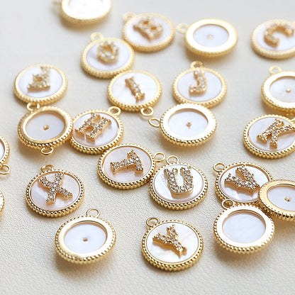 5PCS 18K Gold Filled Pendants Letters Initial Final Natural Shell Rhinestone Round Charms Jewelry Making Findings Supplies Pendants Doki Decor   