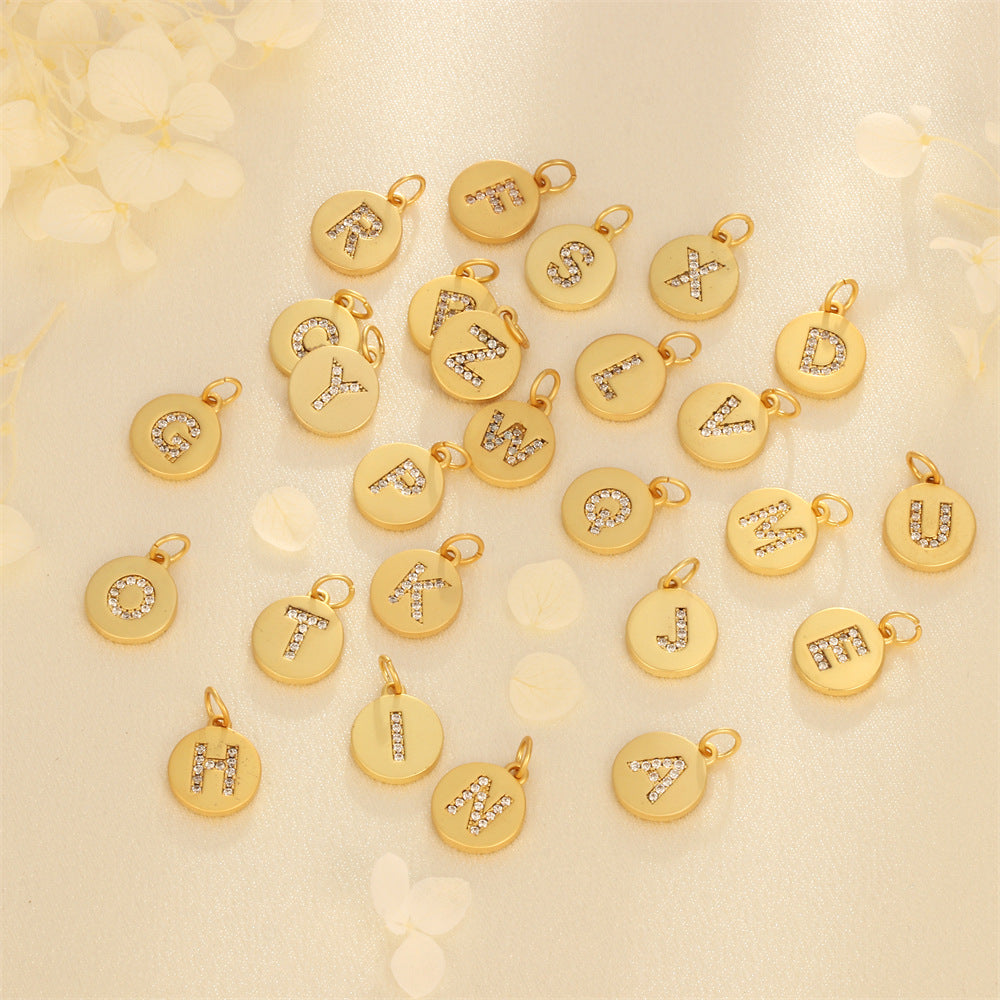 5PCS 18K Gold Filled Pendants Letters Initial Final Round Card Rhinestone Charms Jewelry Making Findings Supplies Pendants Doki Decor   