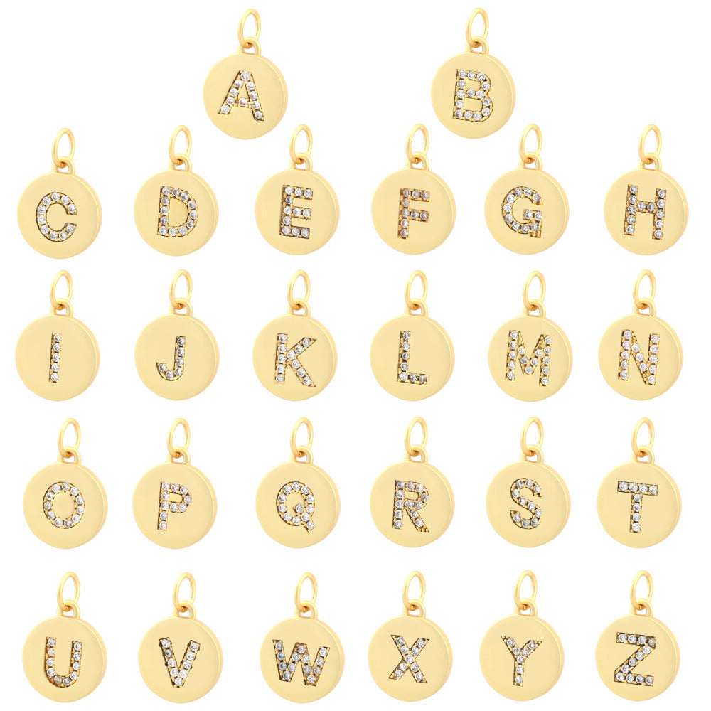 5PCS 18K Gold Filled Pendants Letters Initial Final Round Card Rhinestone Charms Jewelry Making Findings Supplies Pendants Doki Decor A  